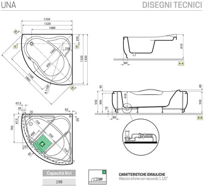 Novellini Una Vasca da Bagno Versione Standard Con Telaio Misura 135x135 H55 cm Forma Esterna Tonda Curva Semicircolare Simmetrica Interna Ovale Installazione Angolare Reversibile Pannello Frontale Colonna Scarico Materiale Acrilico Finitura Bianco Lucido