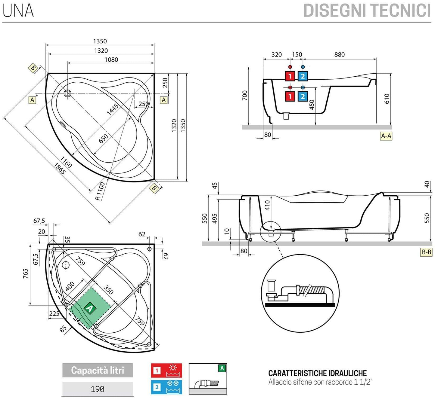 Novellini Una Vasca da Bagno Versione Standard Con Telaio Misura 135x135 H55 cm Forma Esterna Tonda Curva Semicircolare Simmetrica Interna Ovale Installazione Angolare Reversibile Pannello Frontale Colonna Rubinetto Materiale Acrilico Colore Bianco Lucido