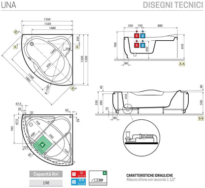Novellini Una Vasca da Bagno Versione Standard Con Telaio Misura 135x135 H55 cm Forma Esterna Tonda Curva Semicircolare Simmetrica Interna Ovale Installazione Angolare Reversibile Pannello Frontale Colonna Rubinetto Materiale Acrilico Colore Bianco Lucido