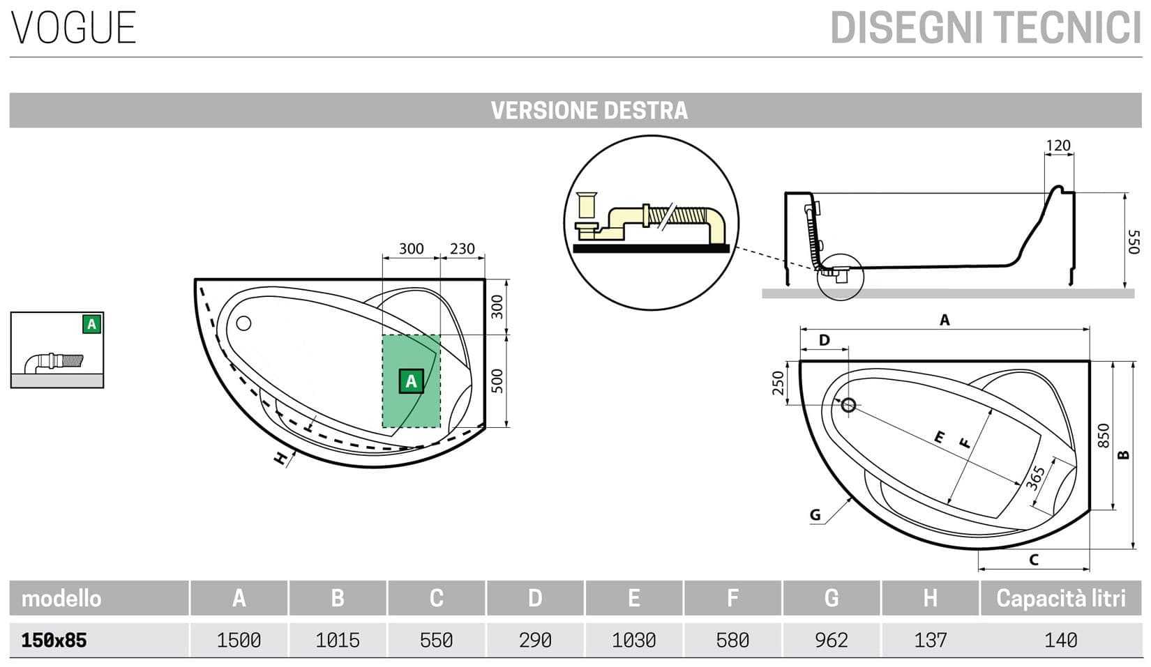 Novellini Vogue Vasca da Bagno Versione Standard da Incasso Misura 150x85 H55 cm Guscio Tradizionale da Rivestire Installazione ad Angolo a Destra Forma Esterna Tonda Curva Semicircolare Asimmetrica Interna Ovale Materiale Acrilico Finitura Bianco Lucido