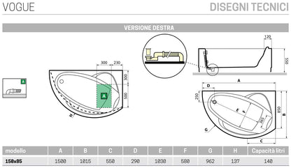 Novellini Vogue Vasca da Bagno Versione Standard da Incasso Misura 150x85 H55 cm Guscio Tradizionale da Rivestire Installazione ad Angolo a Destra Forma Esterna Tonda Curva Semicircolare Asimmetrica Interna Ovale Materiale Acrilico Finitura Bianco Lucido