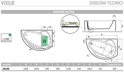 Novellini Vogue Vasca da Bagno Versione Standard da Incasso Misura 165x85 H55 cm Guscio Tradizionale da Rivestire Installazione ad Angolo a Destra Forma Esterna Tonda Curva Semicircolare Asimmetrica Interna Ovale Materiale Acrilico Finitura Bianco Lucido