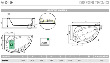 Novellini Vogue Vasca da Bagno Versione Standard da Incasso Misura 150x85 H55 cm Guscio Tradizionale da Rivestire Installazione ad Angolo Sinistra Forma Esterna Tonda Curva Semicircolare Asimmetrica Interna Ovale Materiale Acrilico Finitura Bianco Lucido