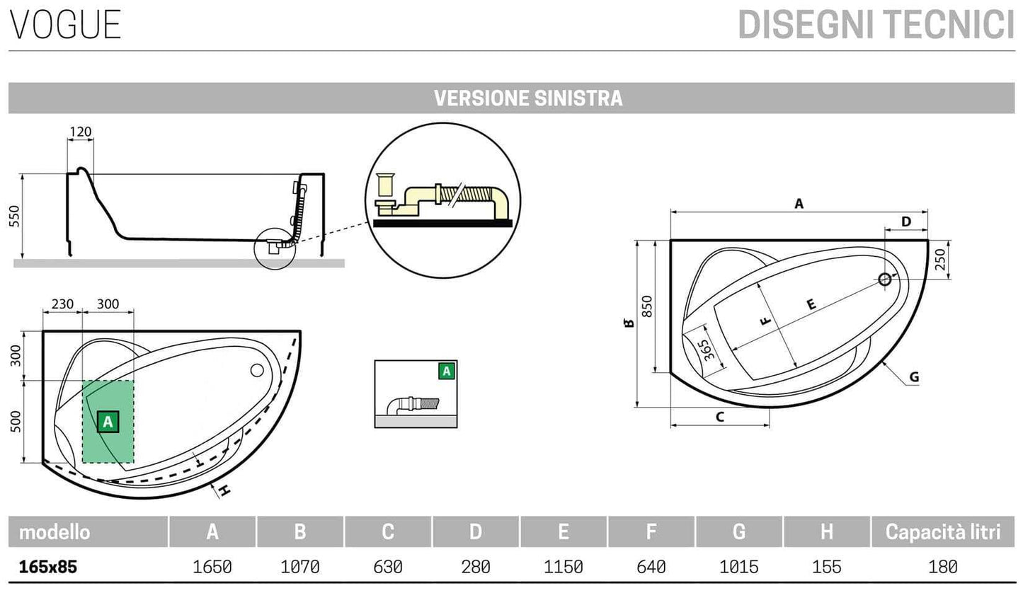 Novellini Vogue Vasca da Bagno Versione Standard da Incasso Misura 165x85 H55 cm Guscio Tradizionale da Rivestire Installazione ad Angolo Sinistra Forma Esterna Tonda Curva Semicircolare Asimmetrica Interna Ovale Materiale Acrilico Finitura Bianco Lucido