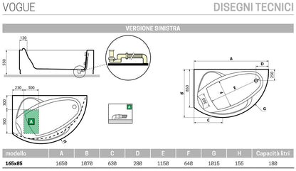 Novellini Vogue Vasca da Bagno Versione Standard da Incasso Misura 165x85 H55 cm Guscio Tradizionale da Rivestire Installazione ad Angolo Sinistra Forma Esterna Tonda Curva Semicircolare Asimmetrica Interna Ovale Materiale Acrilico Finitura Bianco Lucido
