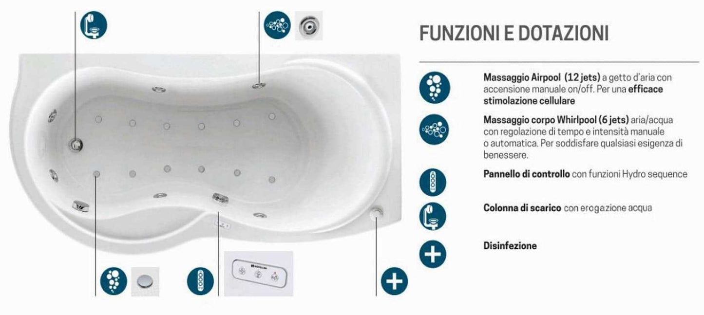 Novellini Venus Vasca da Bagno Versione Hydro Plus Misura 170x70 / 85 H55 cm Idro Whirlpool 6 Jets Disinfezione Airpool 12 Jet Forma Esterna Curva Asimmetrica Interna Otto Montaggio Angolare DX Pannello Display Erogatore Materiale Acrilico Finitura Bianco