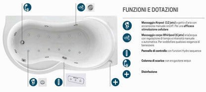 Novellini Venus Vasca da Bagno Versione Hydro Plus Misura 180x80 / 85 H55 cm Idro Whirlpool 6 Jets Disinfezione Airpool 12 Jet Forma Esterna Curva Asimmetrica Interna Otto Montaggio Angolare DX Pannello Display Erogatore Materiale Acrilico Finitura Bianco