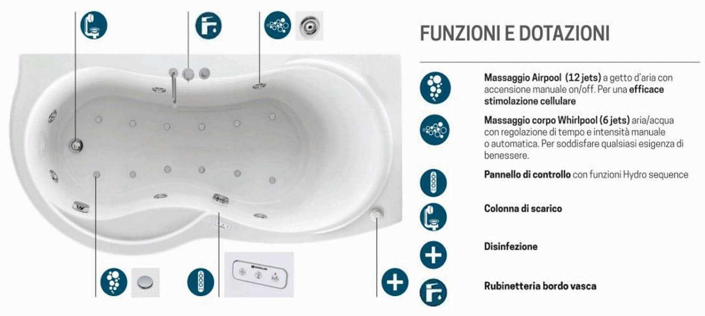 Novellini Venus Vasca da Bagno Versione Hydro Plus Misura 170x70 / 85 H55 cm Idro Whirlpool 6 Jets Disinfezione Airpool 12 Jet Forma Esterna Curva Asimmetrica Interna Otto Montaggio Angolare DX Pannello Display Rubinetto Materiale Acrilico Finitura Bianco
