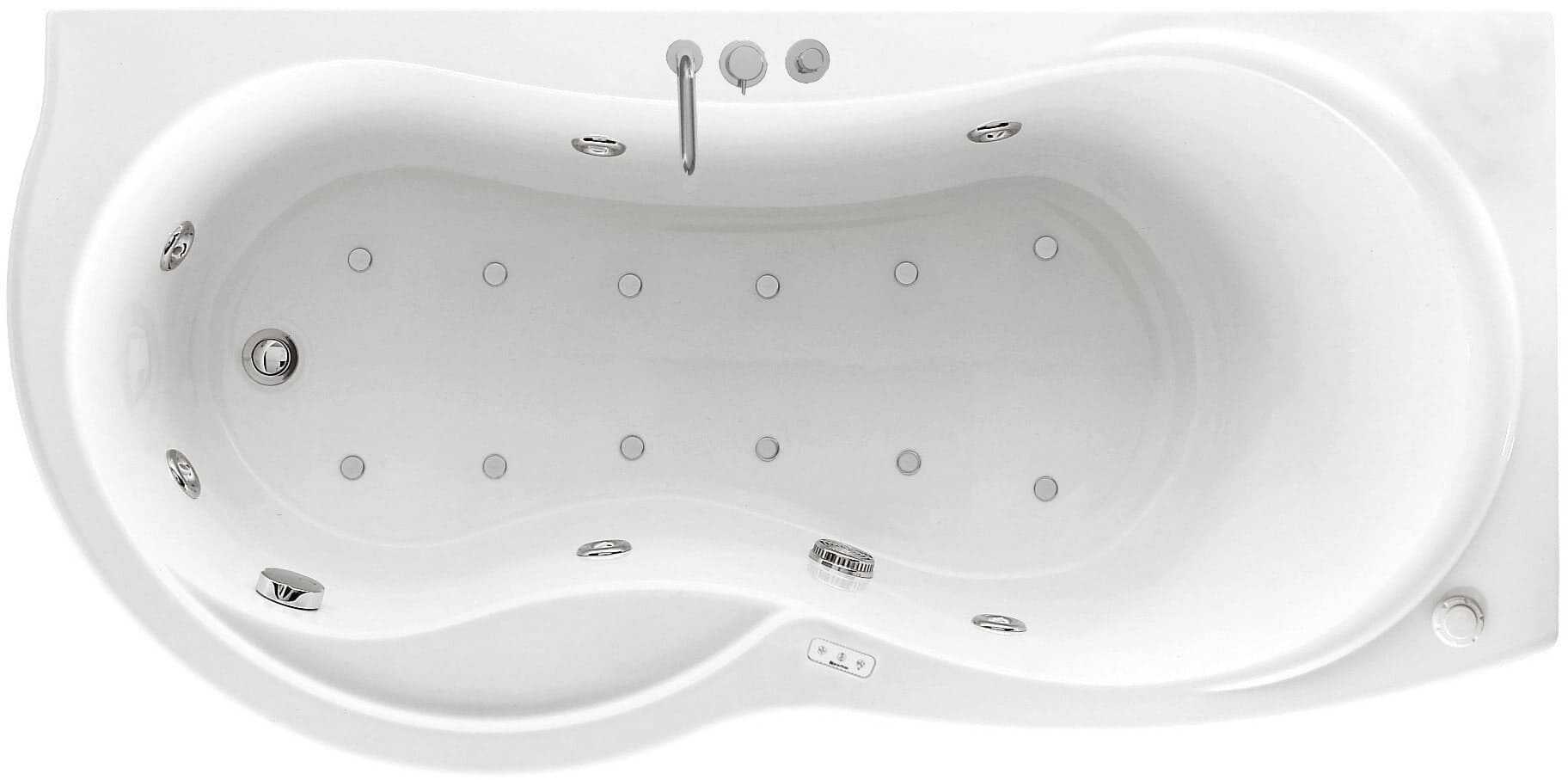 Novellini Venus Vasca da Bagno Versione Hydro Plus Misura 180x80 / 85 H55 cm Idro Whirlpool 6 Jets Disinfezione Airpool 12 Jet Forma Esterna Curva Asimmetrica Interna Otto Montaggio Angolare DX Pannello Display Rubinetto Materiale Acrilico Finitura Bianco