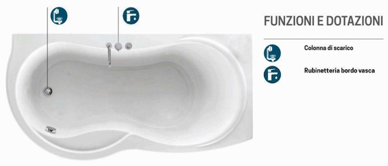 Novellini Venus Vasca da Bagno Versione Standard Con Telaio Misura 180x80 / 85 H55 cm Forma Esterna Tonda Curva Semicircolare Asimmetrica Interna Otto Installazione Angolare Destra Pannello Frontale Rubinetteria Materiale Acrilico Finitura Bianco Lucido