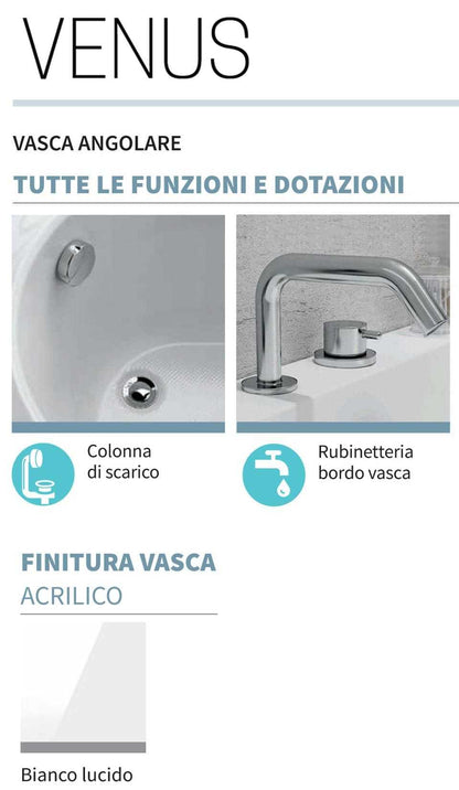 Novellini Venus Vasca da Bagno Versione Standard Con Telaio Misura 180x80 / 85 H55 cm Forma Esterna Tonda Curva Semicircolare Asimmetrica Interna Otto Installazione Angolare Sinistra Pannello Frontale Rubinetteria Materiale Acrilico Finitura Bianco Lucido
