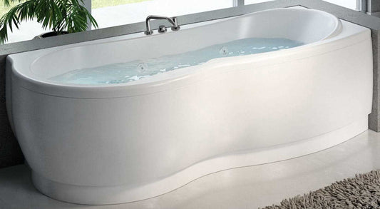 Novellini Venus Vasca da Bagno Versione Hydro Misura 180x80 / 85 H55 cm Idro Whirlpool 6 Getti Forma Esterna Curva Tonda Semicircolare Asimmetrica Interna Otto Montaggio Angolo Destra Pannello Display Rubinetteria Materiale Acrilico Colore Bianco Lucido
