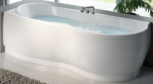 Novellini Venus Vasca da Bagno Versione Hydro Con Disinfezione Misura 180x80 / 85 H55 cm Idro Whirlpool 6 Getti Forma Esterna Curva Asimmetrica Interna Otto Montaggio Angolo Sinistra Pannello Display Colonna Fontana Materiale Acrilico Colore Bianco Lucido