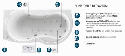 Novellini Venus Vasca da Bagno Versione Hydro Plus Misura 170x70 / 85 H55 cm Idro Whirlpool 6 Jets Disinfezione Airpool 12 Jet Forma Esterna Curva Asimmetrica Interna Otto Montaggio Angolare SX Pannello Display Erogatore Materiale Acrilico Finitura Bianco