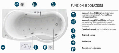 Novellini Venus Vasca da Bagno Versione Hydro Plus Misura 170x70 / 85 H55 cm Idro Whirlpool 6 Jets Disinfezione Airpool 12 Jet Forma Esterna Curva Asimmetrica Interna Otto Montaggio Angolare SX Pannello Display Rubinetto Materiale Acrilico Finitura Bianco