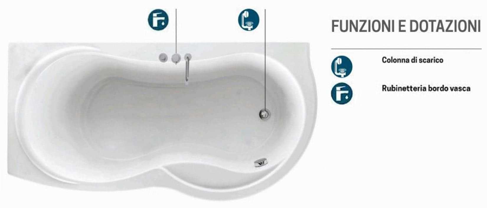 Novellini Venus Vasca da Bagno Versione Standard Con Telaio Misura 180x80 / 85 H55 cm Forma Esterna Tonda Curva Semicircolare Asimmetrica Interna Otto Installazione Angolare Sinistra Pannello Frontale Rubinetteria Materiale Acrilico Finitura Bianco Lucido