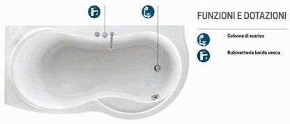 Novellini Venus Vasca da Bagno Versione Standard Con Telaio Misura 170x70 / 85 H55 cm Forma Esterna Tonda Curva Semicircolare Asimmetrica Interna Otto Installazione Angolare Sinistra Pannello Frontale Rubinetteria Materiale Acrilico Finitura Bianco Lucido