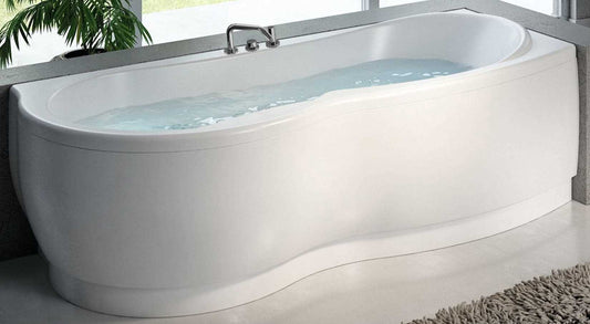 Novellini Venus Vasca da Bagno Versione Standard Con Telaio Misura 170x70 / 85 H55 cm Forma Esterna Tonda Curva Semicircolare Asimmetrica Interna Otto Installazione Angolare Destra Pannello Frontale Rubinetteria Materiale Acrilico Finitura Bianco Lucido