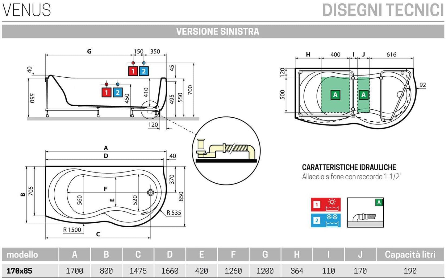 Novellini Venus Vasca da Bagno Versione Standard Con Telaio Misura 170x70 / 85 H55 cm Forma Esterna Tonda Curva Semicircolare Asimmetrica Interna Otto Installazione Angolare Sinistra Pannello Frontale Rubinetteria Materiale Acrilico Finitura Bianco Lucido