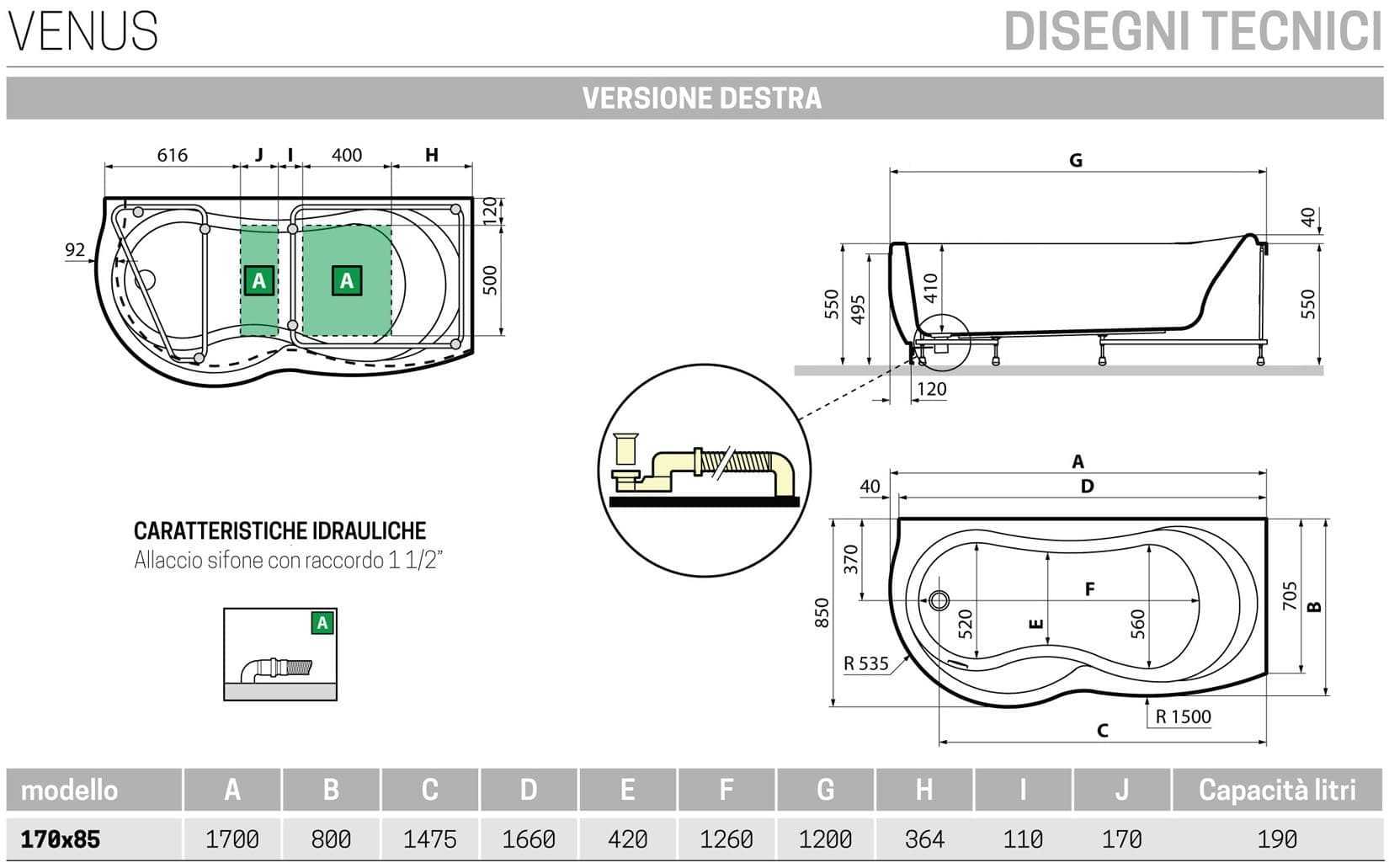 Novellini Venus Vasca da Bagno Versione Standard Con Telaio Misura 170x70 / 85 H55 cm Forma Esterna Tonda Curva Semicircolare Asimmetrica Interna a Otto Installazione Angolare Destra DX Pannello Frontale Colonna Materiale Acrilico Finitura Bianco Lucido