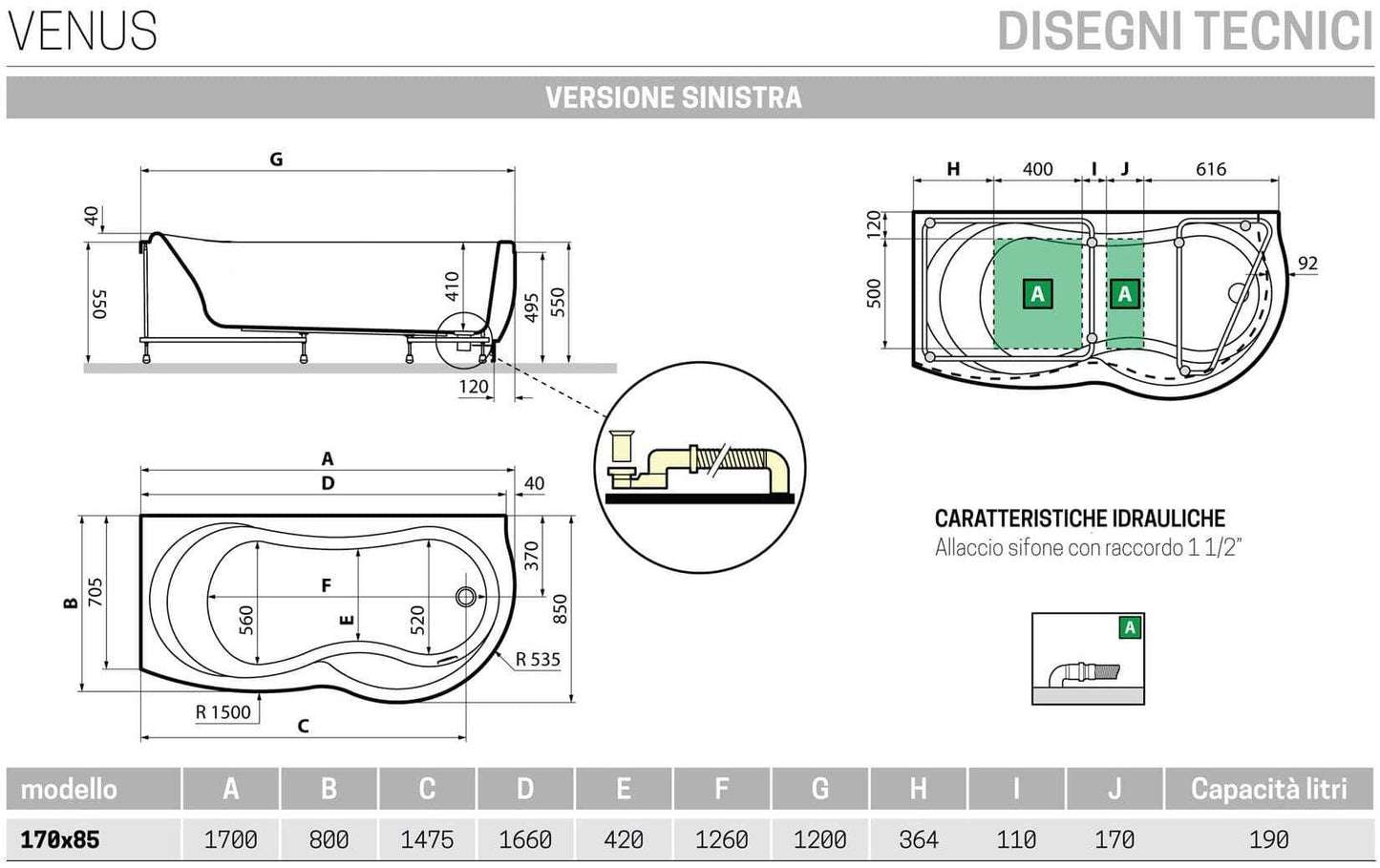 Novellini Venus Vasca da Bagno Versione Standard Con Telaio Misura 170x70 / 85 H55 cm Forma Esterna Tonda Curva Semicircolare Asimmetrica Interna a Otto Installazione Angolare Sinistra Pannello Frontale Erogatore Materiale Acrilico Finitura Bianco Lucido