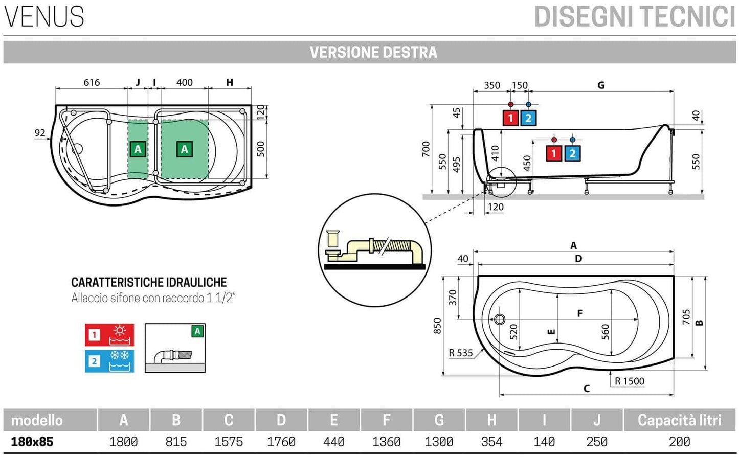 Novellini Venus Vasca da Bagno Versione Standard Con Telaio Misura 180x80 / 85 H55 cm Forma Esterna Tonda Curva Semicircolare Asimmetrica Interna Otto Installazione Angolare Destra Pannello Frontale Rubinetteria Materiale Acrilico Finitura Bianco Lucido
