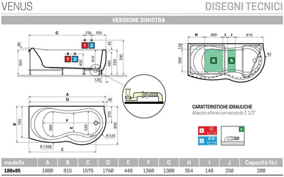 Novellini Venus Vasca da Bagno Versione Standard Con Telaio Misura 180x80 / 85 H55 cm Forma Esterna Tonda Curva Semicircolare Asimmetrica Interna Otto Installazione Angolare Sinistra Pannello Frontale Rubinetteria Materiale Acrilico Finitura Bianco Lucido
