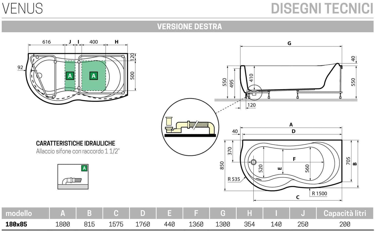 Novellini Venus Vasca da Bagno Versione Standard Con Telaio Misura 180x80 / 85 H55 cm Forma Esterna Tonda Curva Semicircolare Asimmetrica Interna a Otto Installazione Angolare Destra Pannello Frontale Erogatore Materiale Acrilico Finitura Bianco Lucido