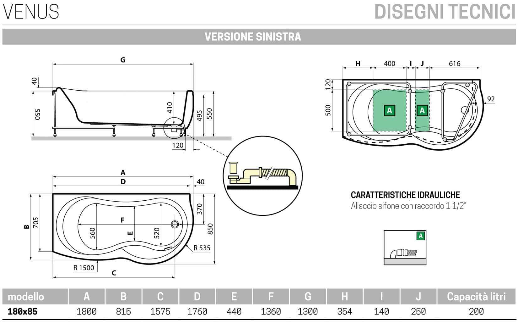 Novellini Venus Vasca da Bagno Versione Standard Con Telaio Misura 180x80 / 85 H55 cm Forma Esterna Tonda Curva Semicircolare Asimmetrica Interna a Otto Installazione Angolare Sinistra SX Pannello Frontale Colonna Materiale Acrilico Finitura Bianco Lucido