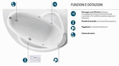 Novellini Vogue Vasca da Bagno Versione Hydro Misura 150x85 H55 cm Idromassaggio Whirlpool 5 Jets Forma Esterna Tonda Curva Semicircolare Asimmetrica Interna Ovale Installazione Angolare Destra Pannello Colonna Cuscino Materiale Acrilico Finitura Bianco