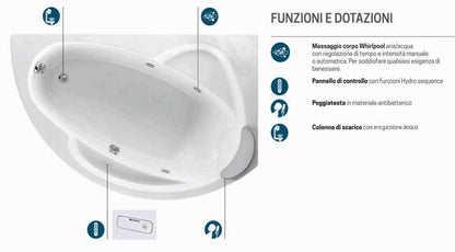 Novellini Vogue Vasca da Bagno Versione Hydro Misura 150x85 H55 cm Idro Whirlpool 5 Jets Forma Esterna Tonda Curva Semicircolare Asimmetrica Interna Ovale Installazione Angolare Destra Pannello Colonna Erogatore Cuscino Materiale Acrilico Finitura Bianco
