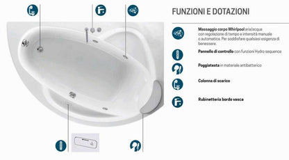 Novellini Vogue Vasca da Bagno Versione Hydro Misura 150x85 H55 cm Idro Whirlpool 5 Jets Forma Esterna Tonda Curva Semicircolare Asimmetrica Interna Ovale Installazione Angolo Destra Pannello Colonna Rubinetteria Cuscino Materiale Acrilico Colore Bianco