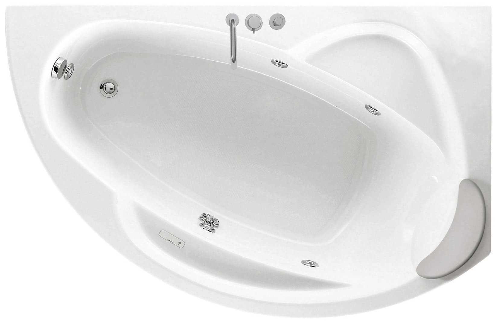 Novellini Vogue Vasca da Bagno Versione Hydro Misura 150x85 H55 cm Idro Whirlpool 5 Jets Forma Esterna Tonda Curva Semicircolare Asimmetrica Interna Ovale Installazione Angolo Destra Pannello Colonna Rubinetteria Cuscino Materiale Acrilico Colore Bianco