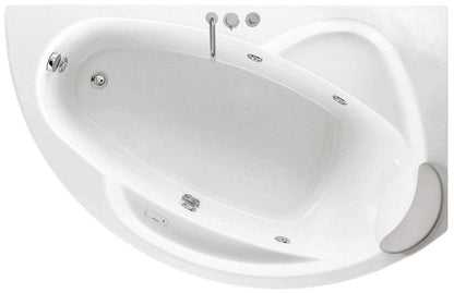 Novellini Vogue Vasca da Bagno Versione Hydro Misura 150x85 H55 cm Idro Whirlpool 5 Jets Forma Esterna Tonda Curva Semicircolare Asimmetrica Interna Ovale Installazione Angolo Destra Pannello Colonna Rubinetteria Cuscino Materiale Acrilico Colore Bianco