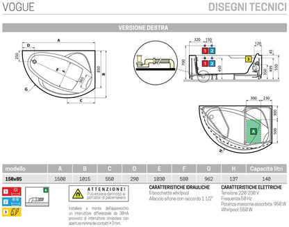 Novellini Vogue Vasca da Bagno Versione Hydro Misura 150x85 H55 cm Idro Whirlpool 5 Jets Forma Esterna Tonda Curva Semicircolare Asimmetrica Interna Ovale Installazione Angolo Destra Pannello Colonna Rubinetteria Cuscino Materiale Acrilico Colore Bianco