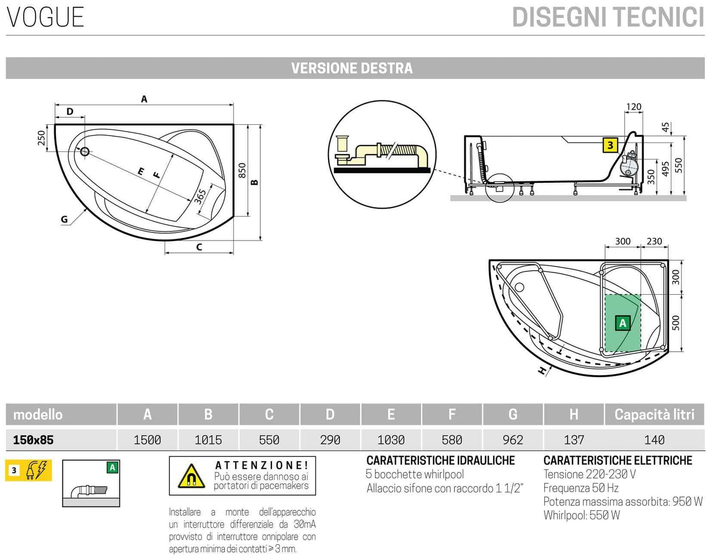 Novellini Vogue Vasca da Bagno Versione Hydro Misura 150x85 H55 cm Idromassaggio Whirlpool 5 Jets Forma Esterna Tonda Curva Semicircolare Asimmetrica Interna Ovale Installazione Angolare Destra Pannello Colonna Cuscino Materiale Acrilico Finitura Bianco