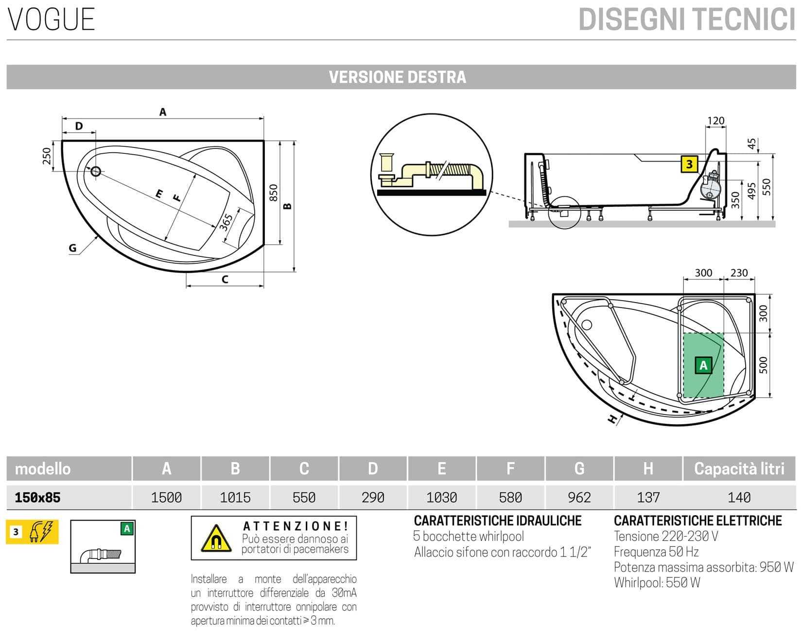 Novellini Vogue Vasca da Bagno Versione Hydro Misura 150x85 H55 cm Idromassaggio Whirlpool 5 Jets Forma Esterna Tonda Curva Semicircolare Asimmetrica Interna Ovale Installazione Angolare Destra Pannello Colonna Cuscino Materiale Acrilico Finitura Bianco