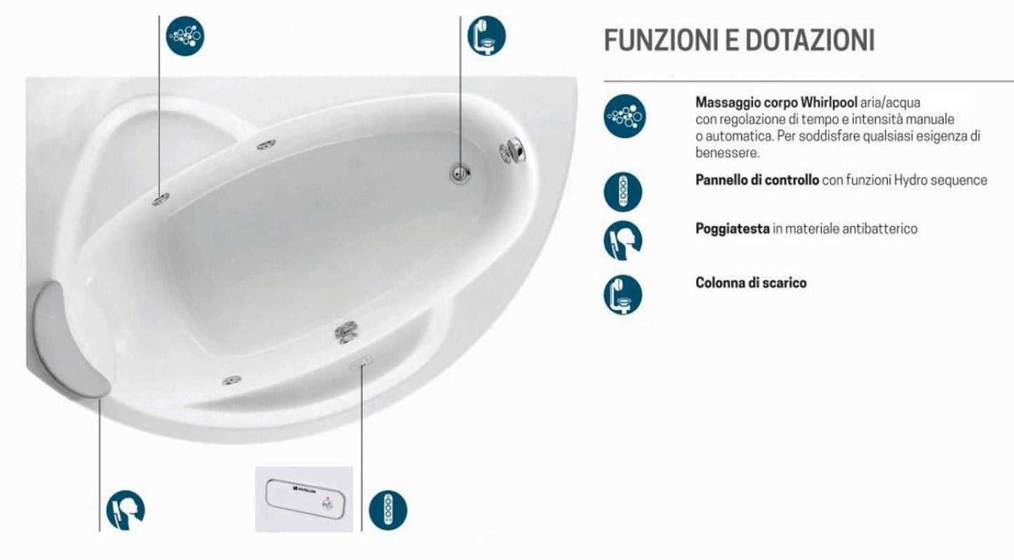 Novellini Vogue Vasca da Bagno Versione Hydro Misura 150x85 H55 cm Idromassaggio Whirlpool 5 Jets Forma Esterna Tonda Curva Semicircolare Asimmetrica Interna Ovale Installazione Angolare Sinistra Pannello Colonna Cuscino Materiale Acrilico Finitura Bianco