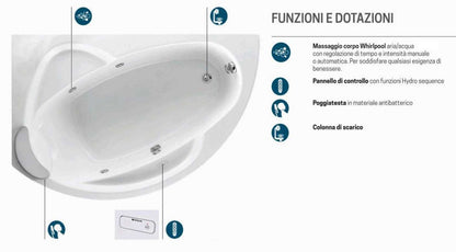 Novellini Vogue Vasca da Bagno Versione Hydro Misura 150x85 H55 cm Idromassaggio Whirlpool 5 Jets Forma Esterna Tonda Curva Semicircolare Asimmetrica Interna Ovale Installazione Angolare Sinistra Pannello Colonna Cuscino Materiale Acrilico Finitura Bianco