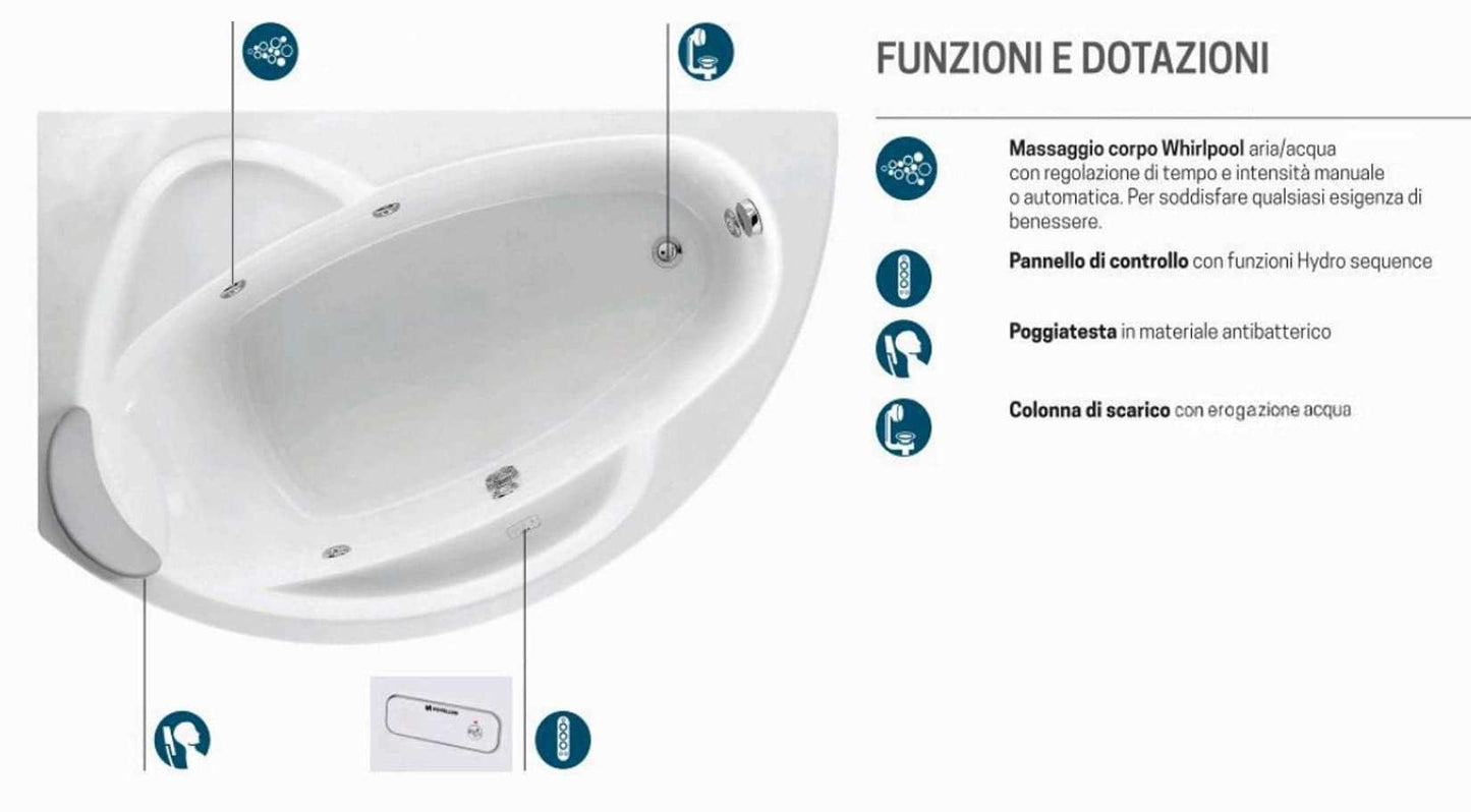 Novellini Vogue Vasca da Bagno Versione Hydro Misura 150x85 H55cm Idro Whirlpool 5 Jets Forma Esterna Tonda Curva Semicircolare Asimmetrica Interna Ovale Installazione Angolare Sinistra Pannello Colonna Erogatore Cuscino Materiale Acrilico Finitura Bianco