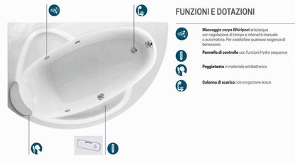 Novellini Vogue Vasca da Bagno Versione Hydro Misura 150x85 H55cm Idro Whirlpool 5 Jets Forma Esterna Tonda Curva Semicircolare Asimmetrica Interna Ovale Installazione Angolare Sinistra Pannello Colonna Erogatore Cuscino Materiale Acrilico Finitura Bianco