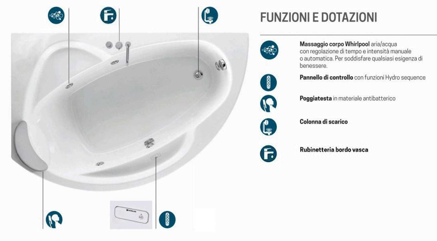 Novellini Vogue Vasca da Bagno Versione Hydro Misura 150x85 H55 cm Idro Whirlpool 5 Jets Forma Esterna Tonda Curva Semicircolare Asimmetrica Interna Ovale Installazione Angolo Sinistra Pannello Colonna Rubinetteria Cuscino Materiale Acrilico Colore Bianco