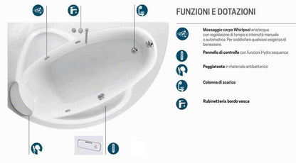 Novellini Vogue Vasca da Bagno Versione Hydro Misura 150x85 H55 cm Idro Whirlpool 5 Jets Forma Esterna Tonda Curva Semicircolare Asimmetrica Interna Ovale Installazione Angolo Sinistra Pannello Colonna Rubinetteria Cuscino Materiale Acrilico Colore Bianco