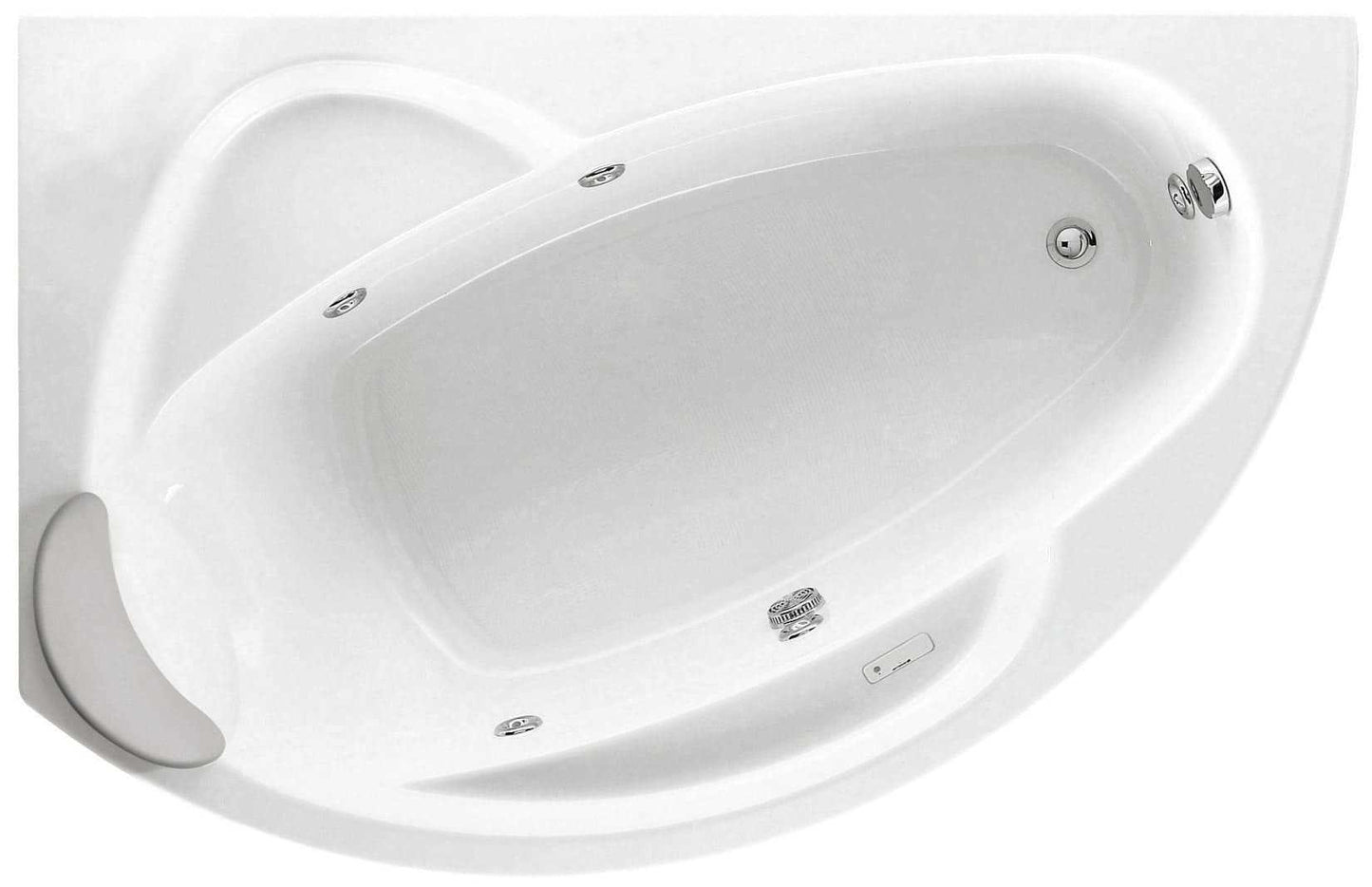 Novellini Vogue Vasca da Bagno Versione Hydro Misura 150x85 H55cm Idro Whirlpool 5 Jets Forma Esterna Tonda Curva Semicircolare Asimmetrica Interna Ovale Installazione Angolare Sinistra Pannello Colonna Erogatore Cuscino Materiale Acrilico Finitura Bianco