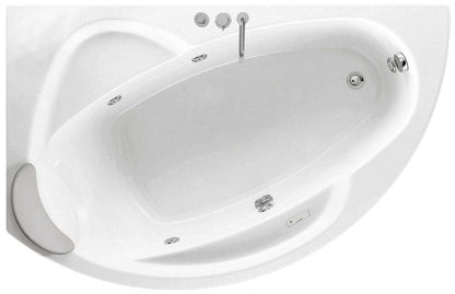 Novellini Vogue Vasca da Bagno Versione Hydro Misura 150x85 H55 cm Idro Whirlpool 5 Jets Forma Esterna Tonda Curva Semicircolare Asimmetrica Interna Ovale Installazione Angolo Sinistra Pannello Colonna Rubinetteria Cuscino Materiale Acrilico Colore Bianco