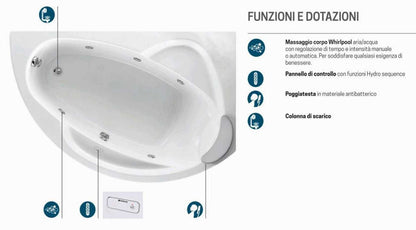 Novellini Vogue Vasca da Bagno Versione Hydro Misura 165x85 H55 cm Idromassaggio Whirlpool 7 Jets Forma Esterna Tonda Curva Semicircolare Asimmetrica Interna Ovale Installazione Angolare Destra Pannello Colonna Cuscino Materiale Acrilico Finitura Bianco