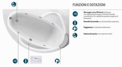 Novellini Vogue Vasca da Bagno Versione Hydro Misura 165X85 H55cm Idro Whirlpool 7 Jets Forma Esterna Tonda Curva Semicircolare Asimmetrica Interna Ovale Installazione Angolare Destra Pannello Colonna Erogatore Cuscino Materiale Acrilico Finitura Bianco