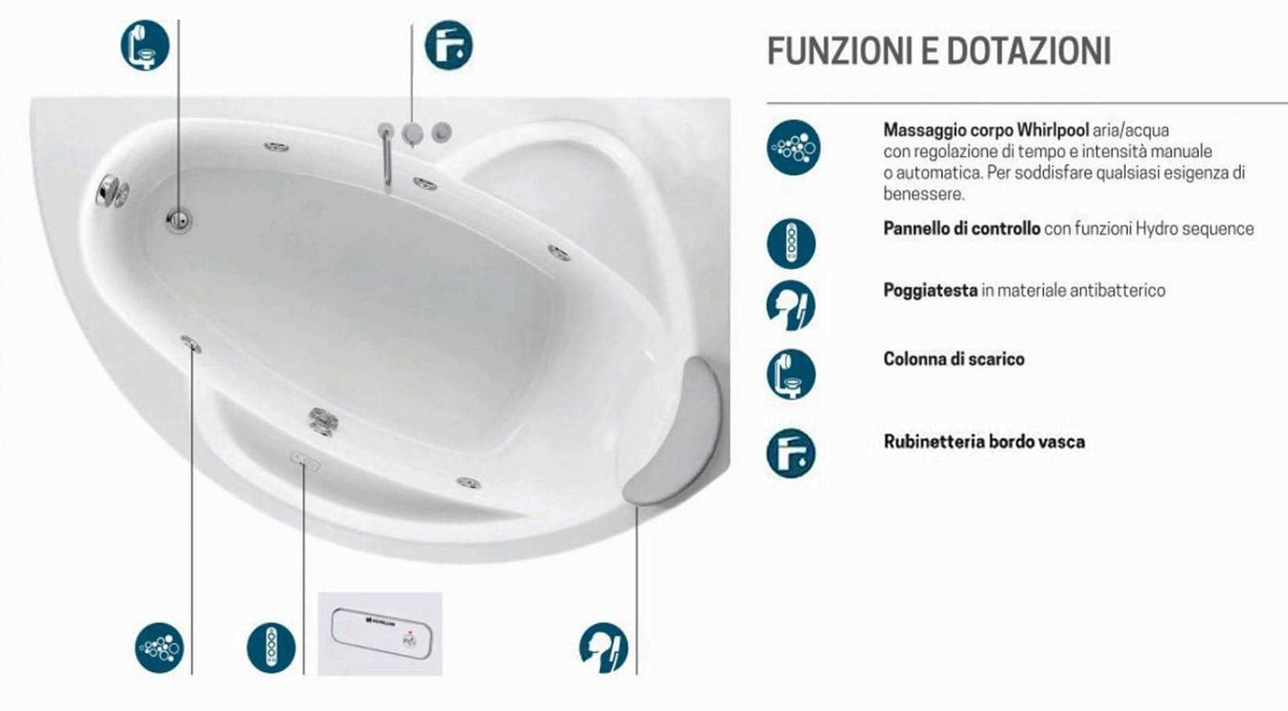 Novellini Vogue Vasca da Bagno Versione Hydro Misura 165X85 H55cm Idro Whirlpool 7 Jets Forma Esterna Tonda Curva Semicircolare Asimmetrica Interna Ovale Installazione Angolo Destra DX Pannello Colonna Rubinetteria Cuscino Materiale Acrilico Colore Bianco
