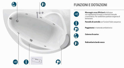 Novellini Vogue Vasca da Bagno Versione Hydro Misura 165X85 H55cm Idro Whirlpool 7 Jets Forma Esterna Tonda Curva Semicircolare Asimmetrica Interna Ovale Installazione Angolo Destra DX Pannello Colonna Rubinetteria Cuscino Materiale Acrilico Colore Bianco