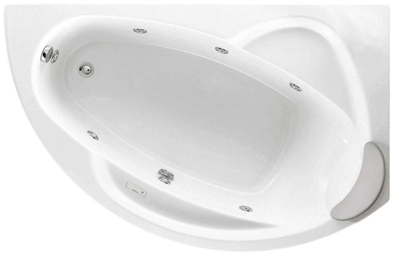 Novellini Vogue Vasca da Bagno Versione Hydro Misura 165X85 H55cm Idro Whirlpool 7 Jets Forma Esterna Tonda Curva Semicircolare Asimmetrica Interna Ovale Installazione Angolare Destra Pannello Colonna Erogatore Cuscino Materiale Acrilico Finitura Bianco